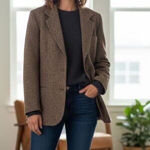 Wool Blazer Liz Claiborne Vintage Brown Herringbone Womens 16